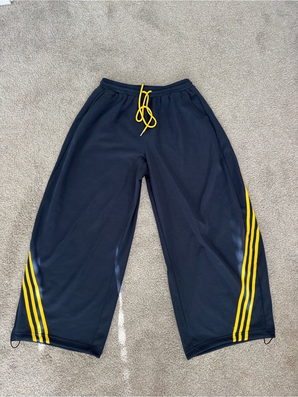 Wide-Leg Navy Track Pants with Yellow Stripe Detail